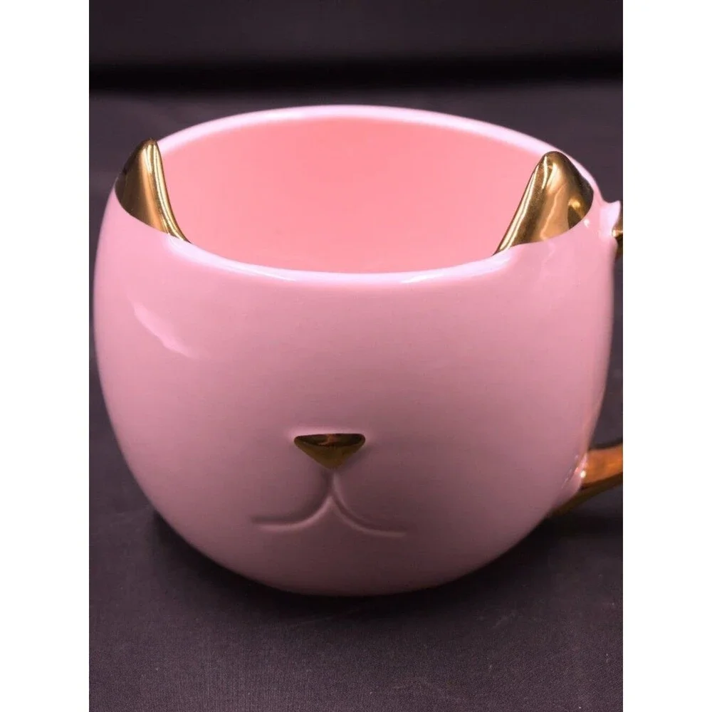 Cat Lovers Kitty Cat Mug Pinky Up Chloe Pink With Gold Ears Handle 12oz